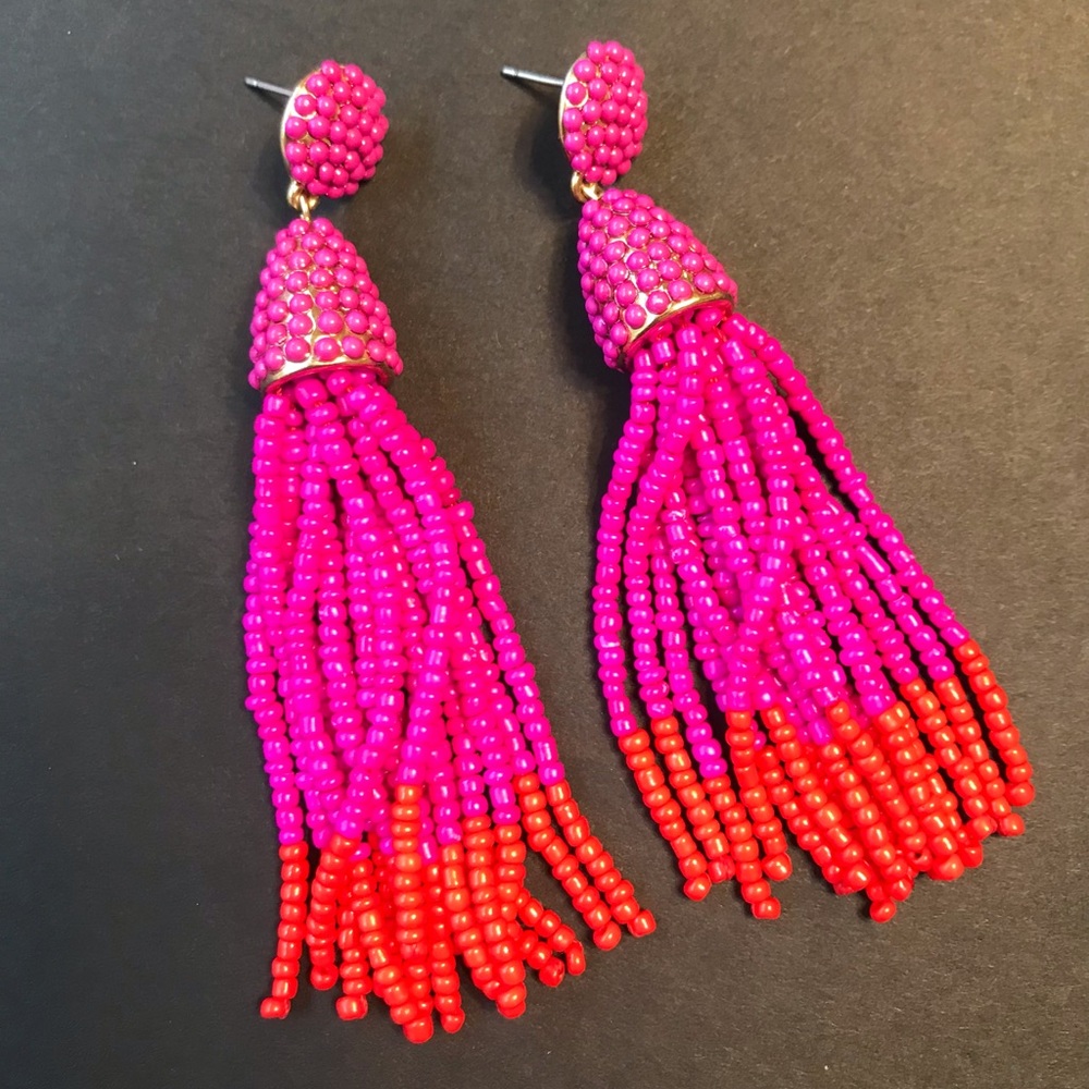 Pink and Red Beaded Tassel Earrings